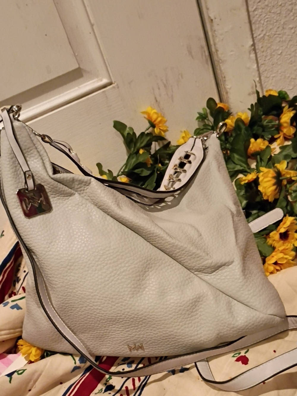 White Pebbled Leather Hobo Bag with Silver Accent